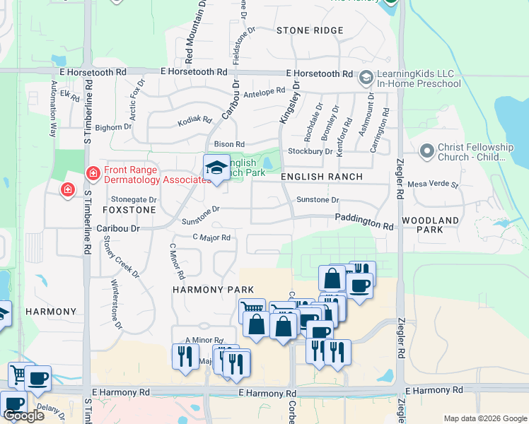 map of restaurants, bars, coffee shops, grocery stores, and more near 2621 Sunstone Drive in Fort Collins
