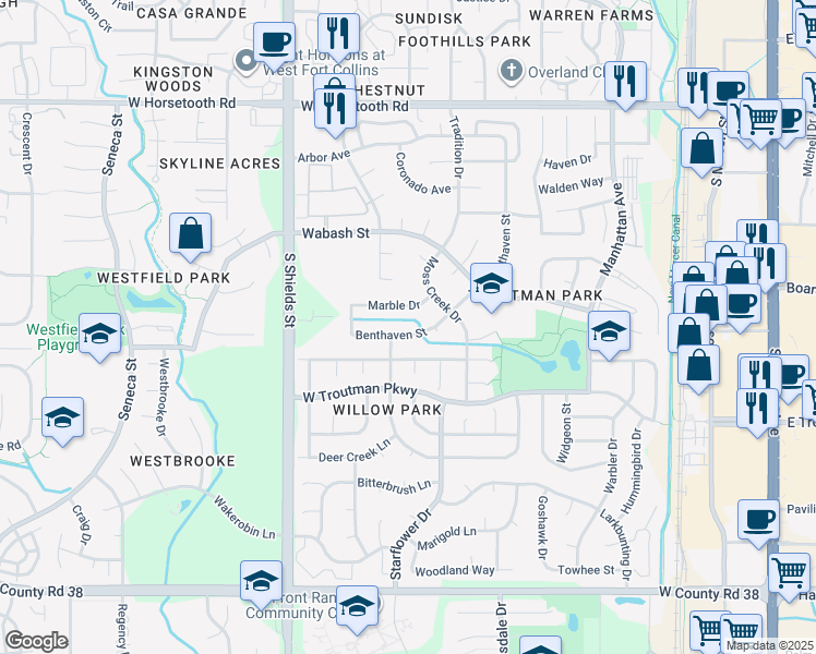 map of restaurants, bars, coffee shops, grocery stores, and more near 730 Benthaven Street in Fort Collins