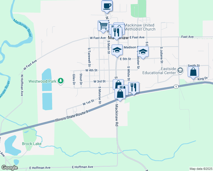 map of restaurants, bars, coffee shops, grocery stores, and more near 504 S Main St in Mackinaw