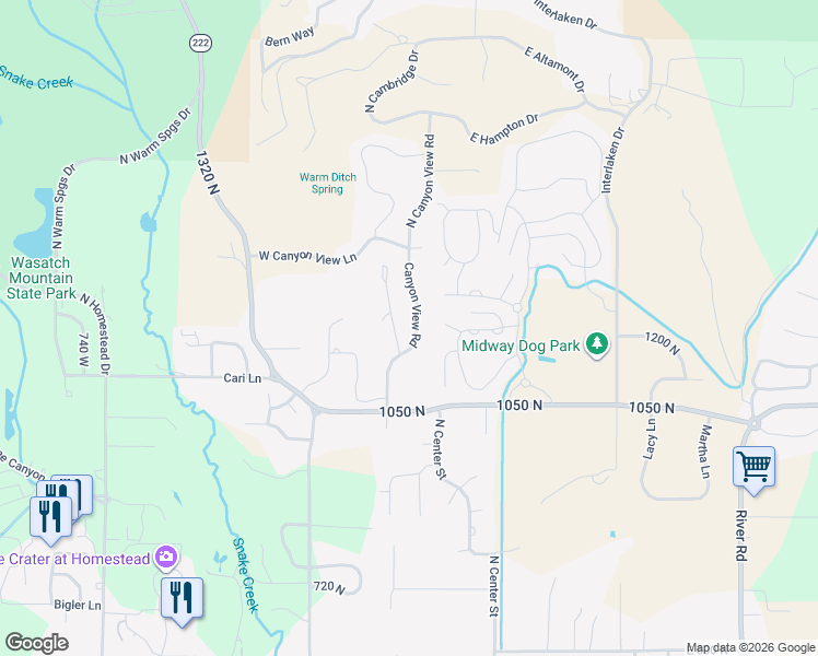 map of restaurants, bars, coffee shops, grocery stores, and more near 1195 Canyon View Road in Midway