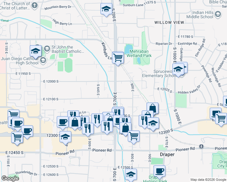 map of restaurants, bars, coffee shops, grocery stores, and more near 12070 700 East in Draper
