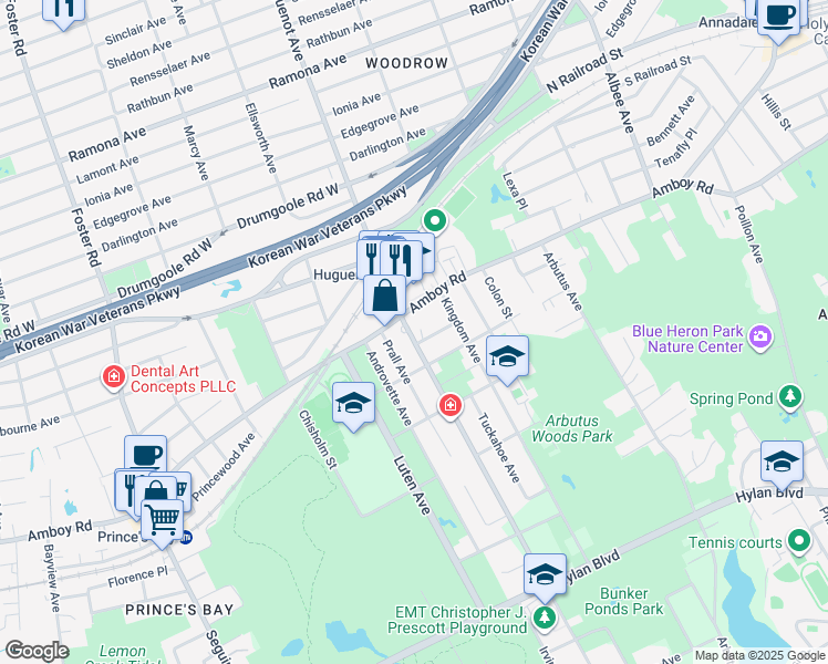 map of restaurants, bars, coffee shops, grocery stores, and more near 939 Huguenot Avenue in Staten Island