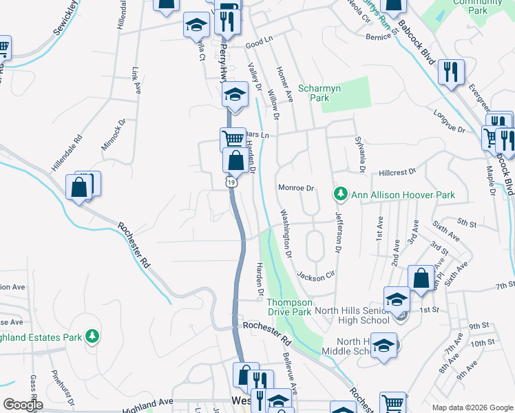 map of restaurants, bars, coffee shops, grocery stores, and more near 814 Harden Drive in Pittsburgh