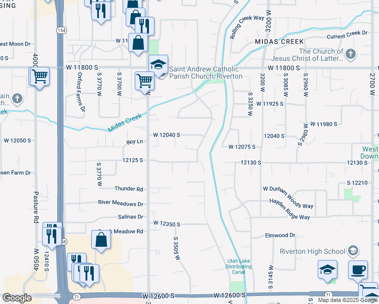 map of restaurants, bars, coffee shops, grocery stores, and more near 12092 Janice Drive in Riverton