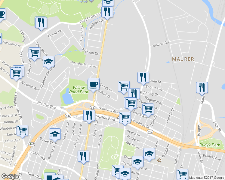 map of restaurants, bars, coffee shops, grocery stores, and more near 516 North Park Drive in Perth Amboy
