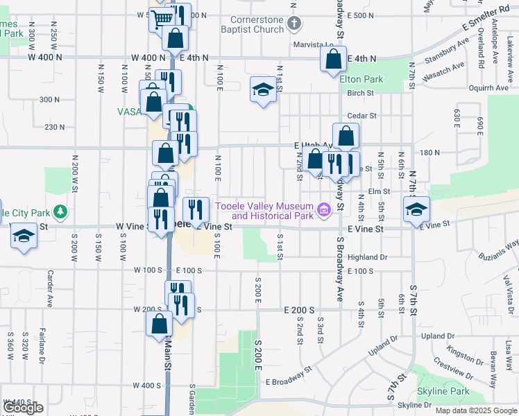 map of restaurants, bars, coffee shops, grocery stores, and more near 117 East Pinehurst Street in Tooele
