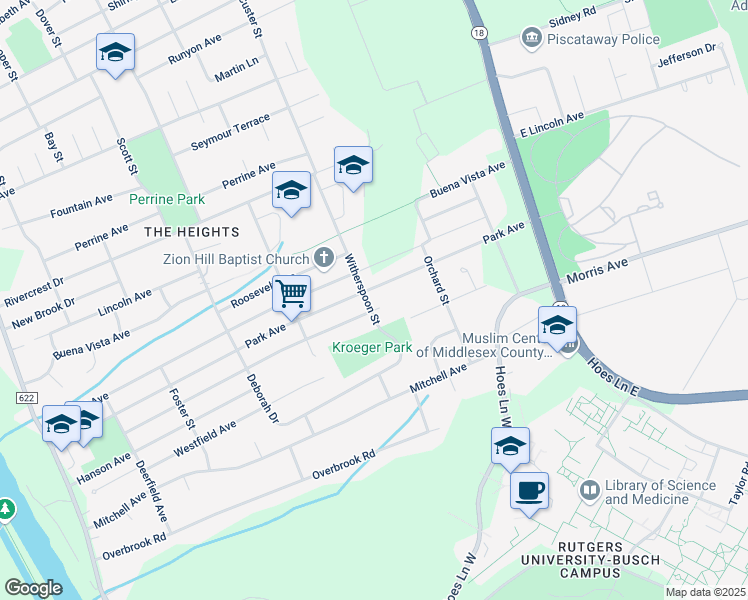 map of restaurants, bars, coffee shops, grocery stores, and more near 5265 Witherspoon Street in Piscataway