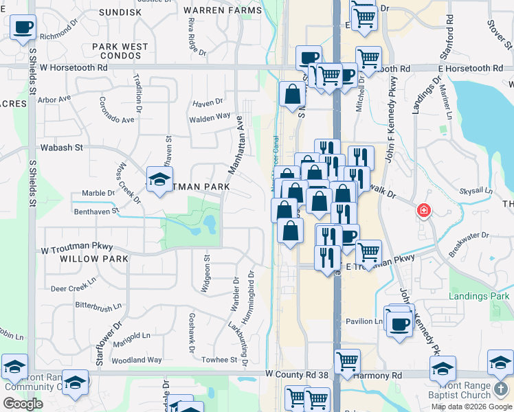 map of restaurants, bars, coffee shops, grocery stores, and more near 324 Mapleton Court in Fort Collins