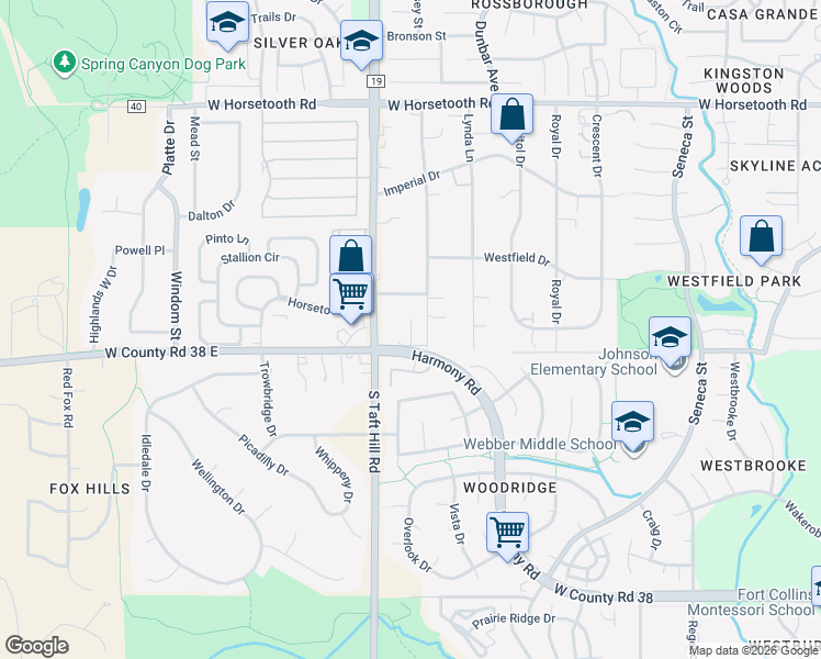 map of restaurants, bars, coffee shops, grocery stores, and more near 4020 South Taft Hill Road in Fort Collins