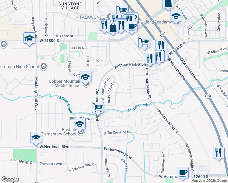 map of restaurants, bars, coffee shops, grocery stores, and more near 5466 Balanced Rock Lane in Herriman