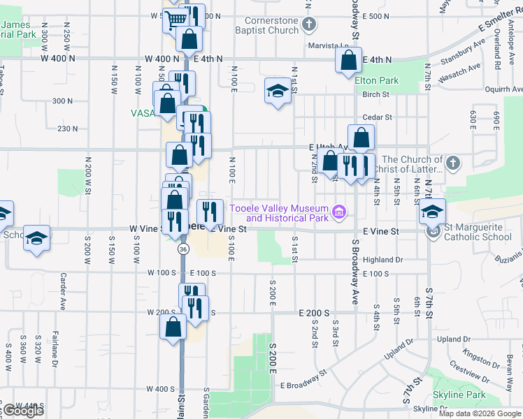 map of restaurants, bars, coffee shops, grocery stores, and more near 49 East Pinehurst Street in Tooele