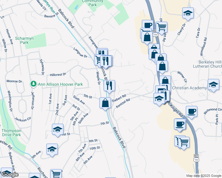 map of restaurants, bars, coffee shops, grocery stores, and more near 3294 Babcock Boulevard in Pittsburgh