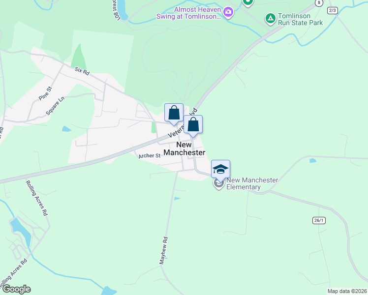 map of restaurants, bars, coffee shops, grocery stores, and more near in New Manchester