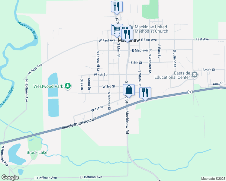 map of restaurants, bars, coffee shops, grocery stores, and more near 504 South Main Street in Mackinaw