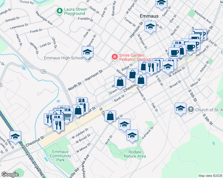 map of restaurants, bars, coffee shops, grocery stores, and more near 836 Walnut Street in Emmaus