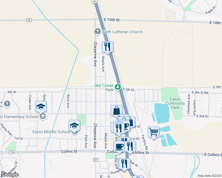 map of restaurants, bars, coffee shops, grocery stores, and more near South 5th Street in Eaton
