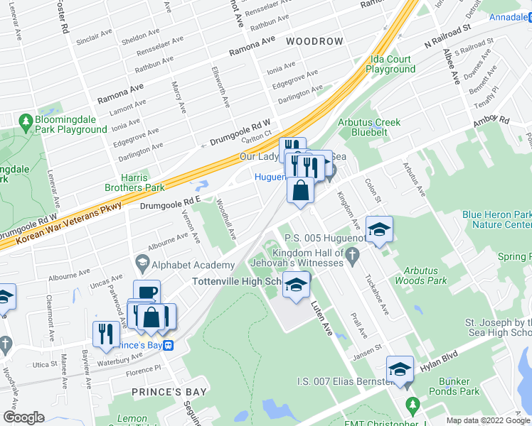 map of restaurants, bars, coffee shops, grocery stores, and more near 86 Hawley Avenue in Staten Island
