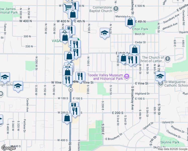 map of restaurants, bars, coffee shops, grocery stores, and more near 49 East Pinehurst Street in Tooele