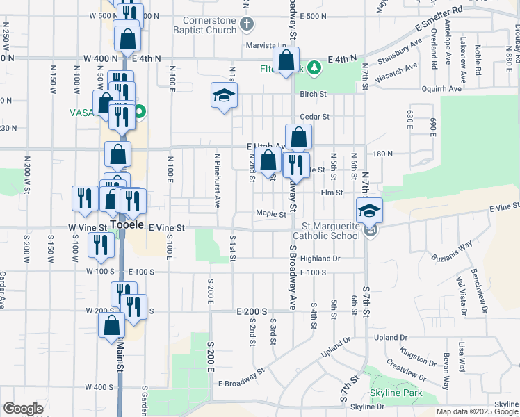 map of restaurants, bars, coffee shops, grocery stores, and more near 259 Maple St in Tooele