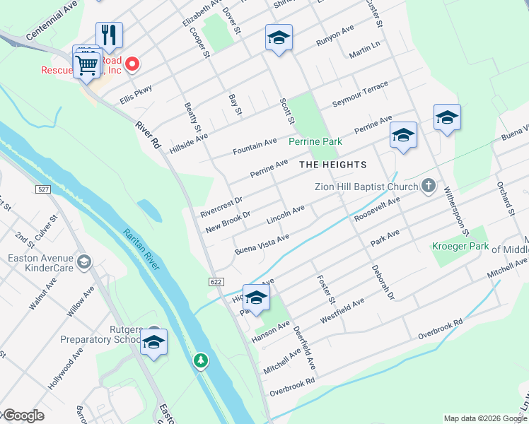 map of restaurants, bars, coffee shops, grocery stores, and more near 111 New Brook Drive in Piscataway
