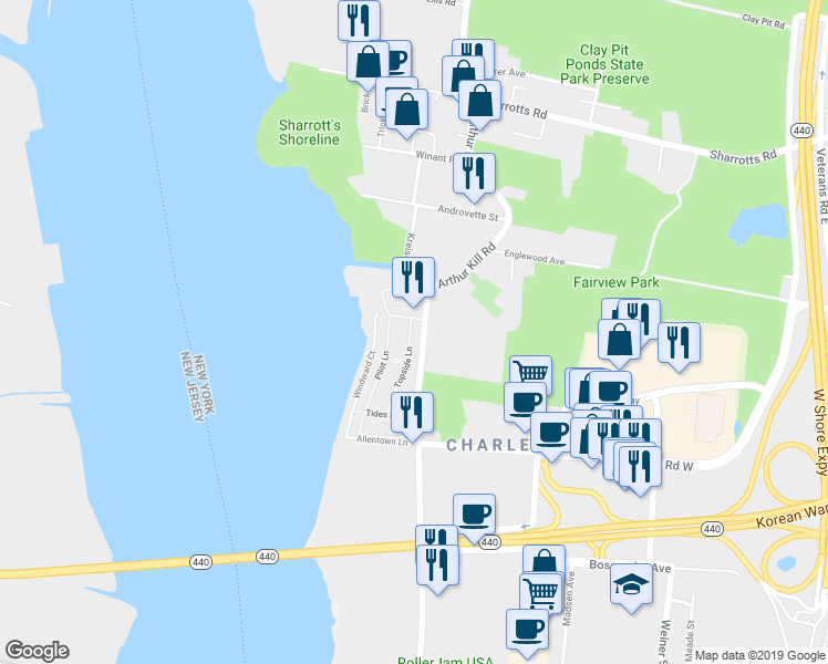 map of restaurants, bars, coffee shops, grocery stores, and more near 83 Topside Lane in Staten Island
