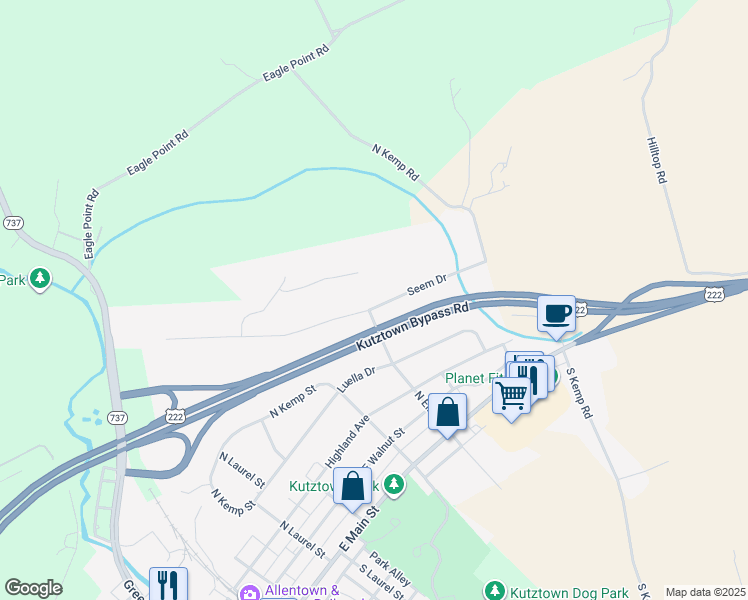 map of restaurants, bars, coffee shops, grocery stores, and more near 705 Seem Drive in Kutztown