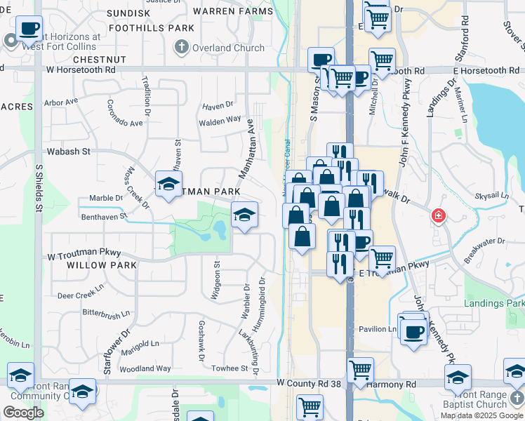 map of restaurants, bars, coffee shops, grocery stores, and more near 324 Mapleton Court in Fort Collins