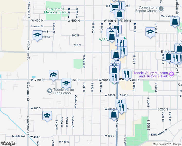 map of restaurants, bars, coffee shops, grocery stores, and more near 45 North 150 West in Tooele