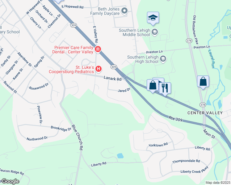 map of restaurants, bars, coffee shops, grocery stores, and more near 5566 Jared Drive in Lehigh County