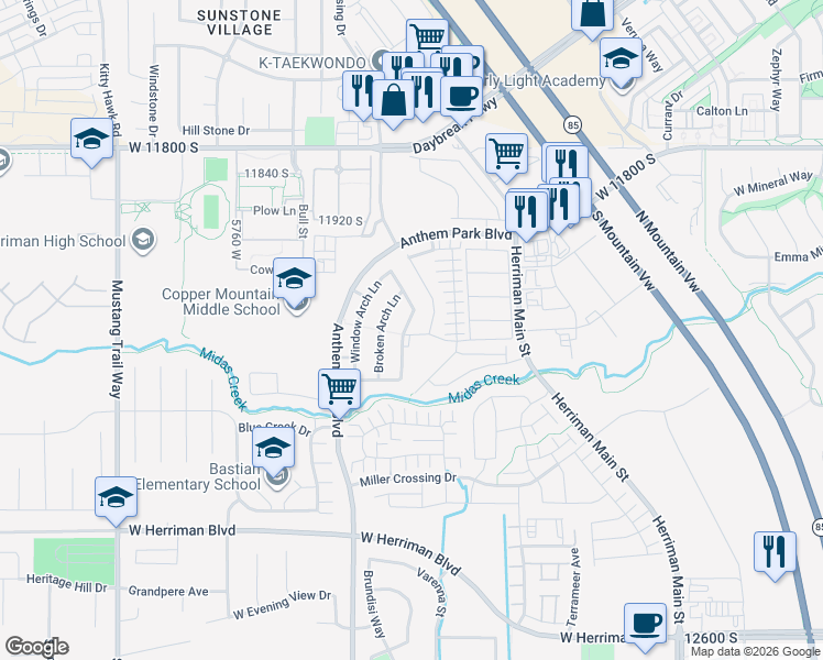 map of restaurants, bars, coffee shops, grocery stores, and more near 5466 Balanced Rock Lane in Herriman