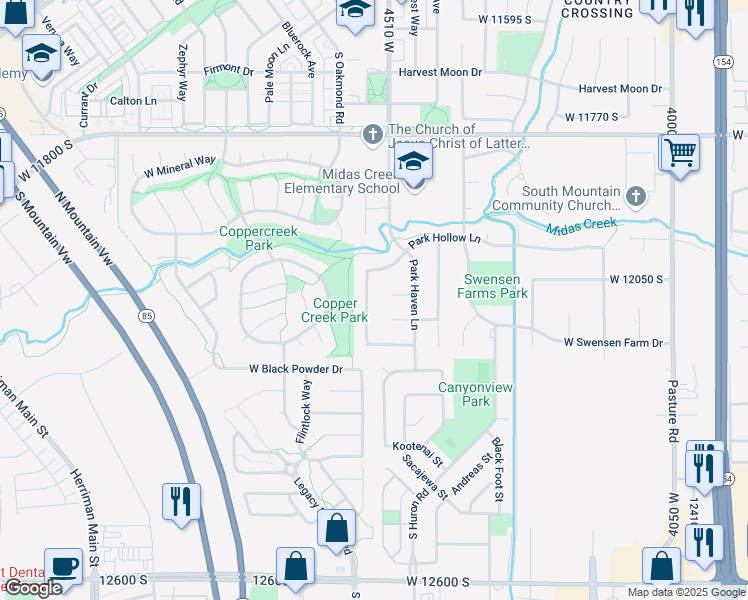 map of restaurants, bars, coffee shops, grocery stores, and more near 12097 Park Hollow Ln in Riverton