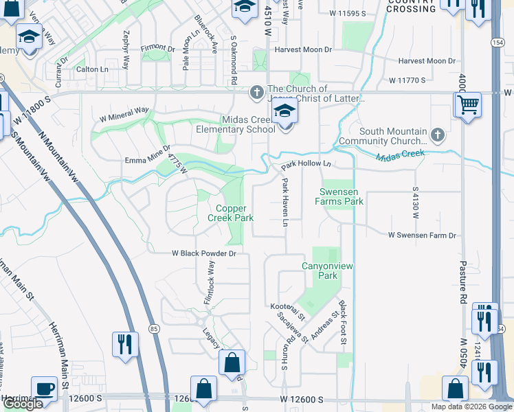 map of restaurants, bars, coffee shops, grocery stores, and more near 12097 Park Hollow Lane in Riverton