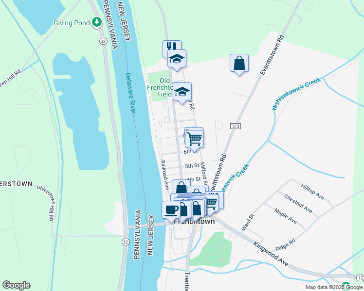 map of restaurants, bars, coffee shops, grocery stores, and more near 23 6th Street in Frenchtown