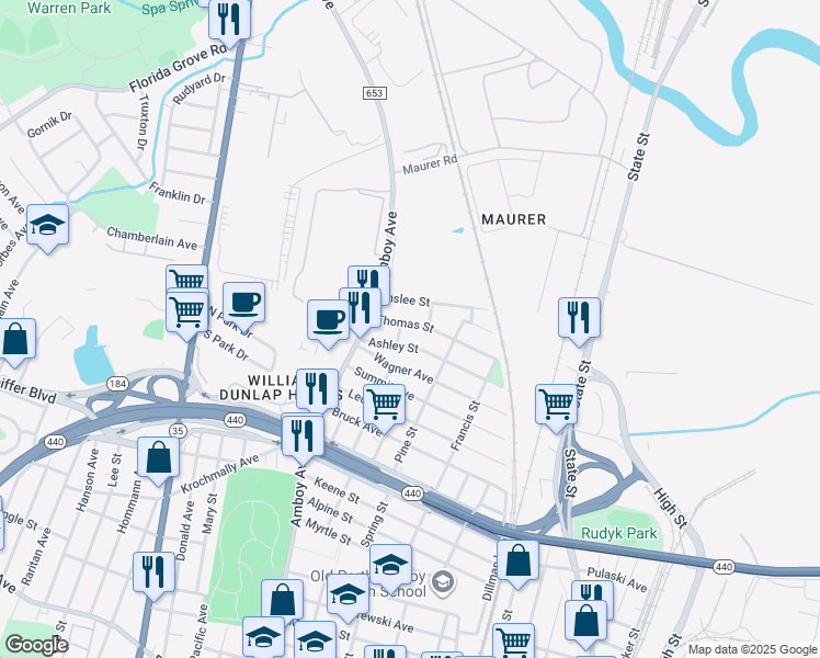 map of restaurants, bars, coffee shops, grocery stores, and more near 417 Thomas Street in Perth Amboy