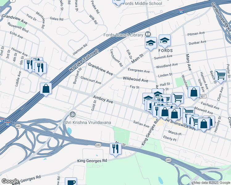 map of restaurants, bars, coffee shops, grocery stores, and more near 26 Aldrich Drive in Edison