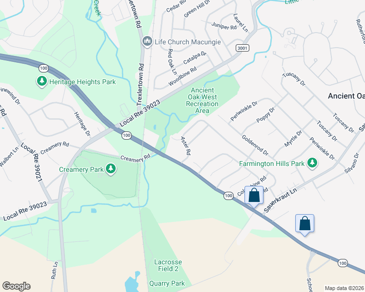map of restaurants, bars, coffee shops, grocery stores, and more near 1795 Aster Road in Macungie