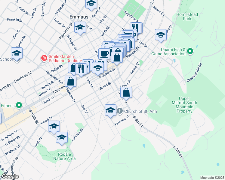 map of restaurants, bars, coffee shops, grocery stores, and more near 517 Minor Street in Emmaus