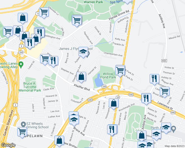 map of restaurants, bars, coffee shops, grocery stores, and more near 836 Harned Street in Perth Amboy