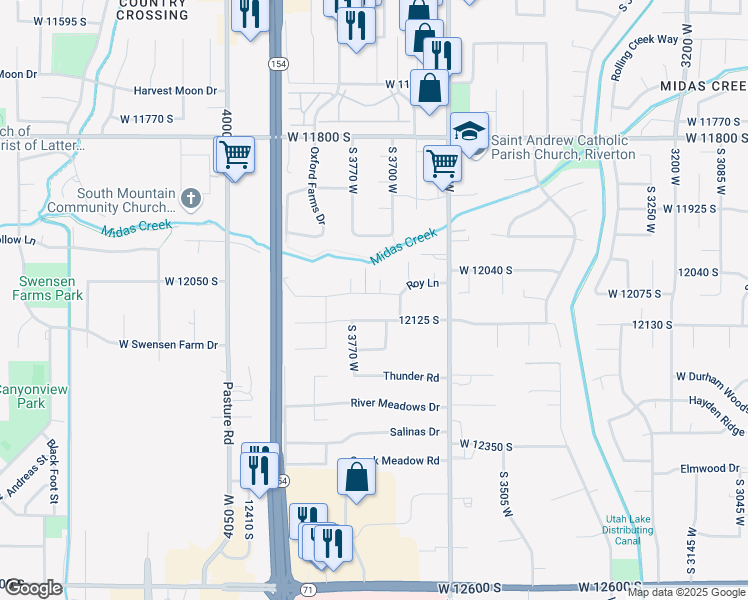map of restaurants, bars, coffee shops, grocery stores, and more near 3721 Sweet Vera Lane in Riverton