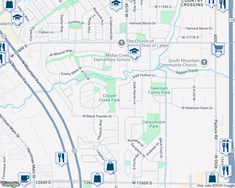 map of restaurants, bars, coffee shops, grocery stores, and more near 12097 Park Hollow Lane in Riverton