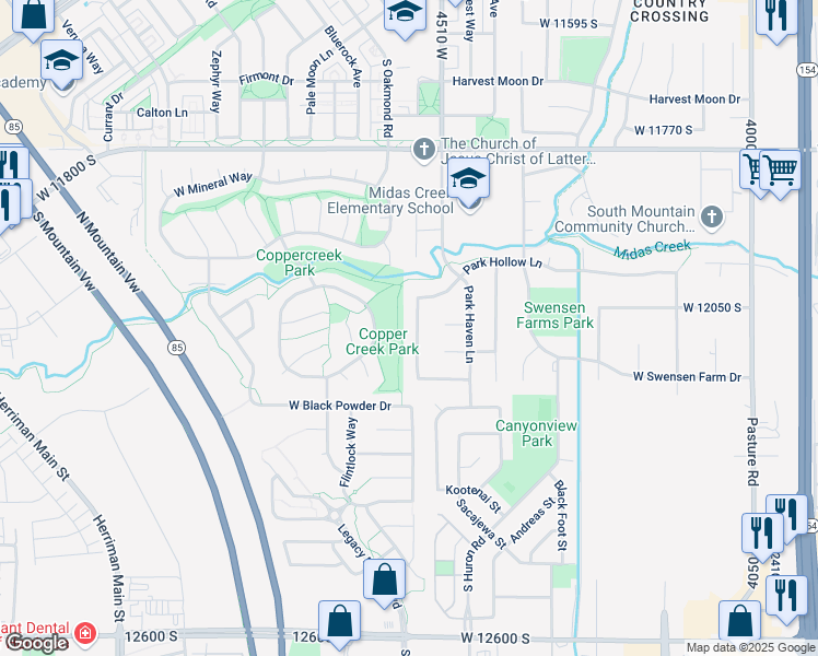 map of restaurants, bars, coffee shops, grocery stores, and more near 12097 Park Hollow Lane in Riverton