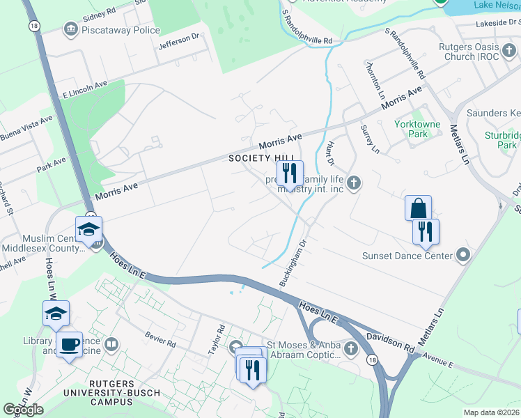 map of restaurants, bars, coffee shops, grocery stores, and more near 204 Hampshire Court in Piscataway