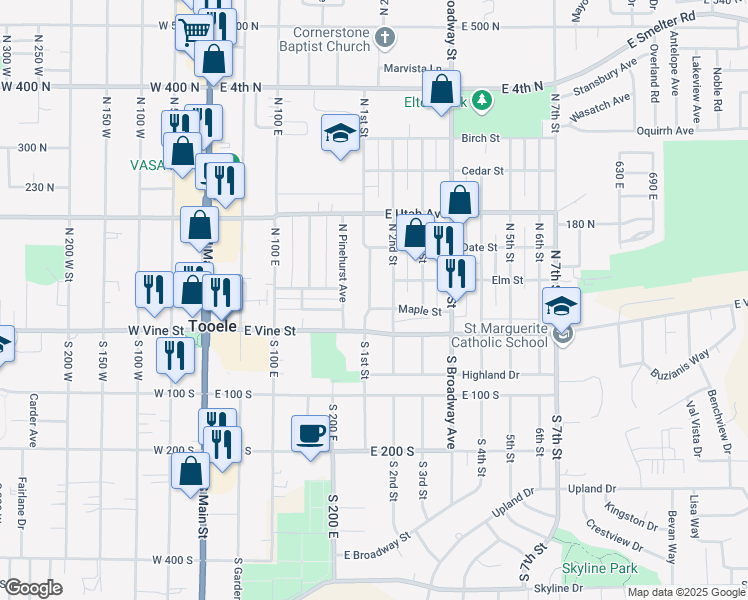 map of restaurants, bars, coffee shops, grocery stores, and more near 104 North 1st Street in Tooele