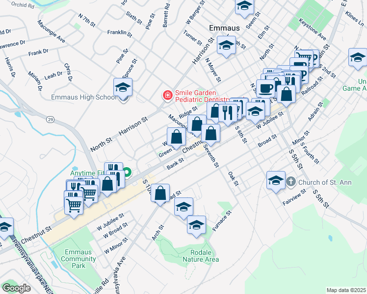 map of restaurants, bars, coffee shops, grocery stores, and more near 741-743 Chestnut Street in Emmaus