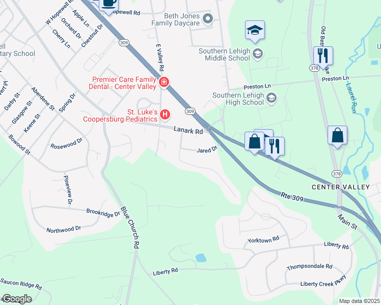 map of restaurants, bars, coffee shops, grocery stores, and more near 5566 Jared Drive in Lehigh County