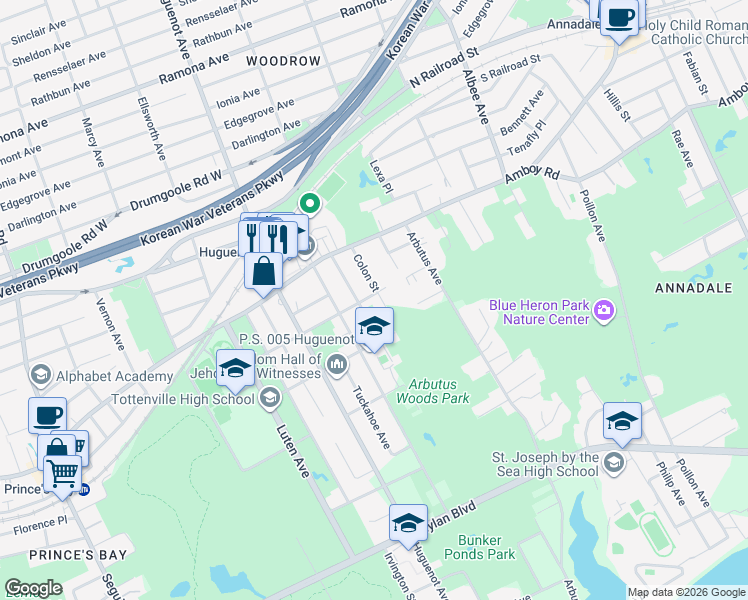 map of restaurants, bars, coffee shops, grocery stores, and more near 72 Colon Street in Staten Island