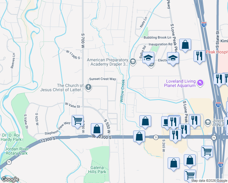 map of restaurants, bars, coffee shops, grocery stores, and more near 12054 Draper Ridge Drive in Draper
