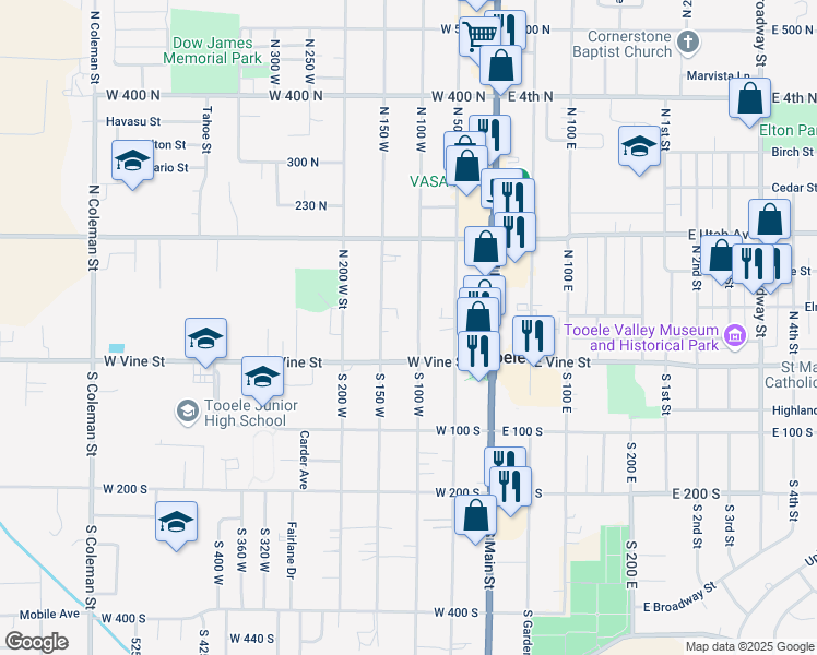 map of restaurants, bars, coffee shops, grocery stores, and more near 55 North 100 West in Tooele