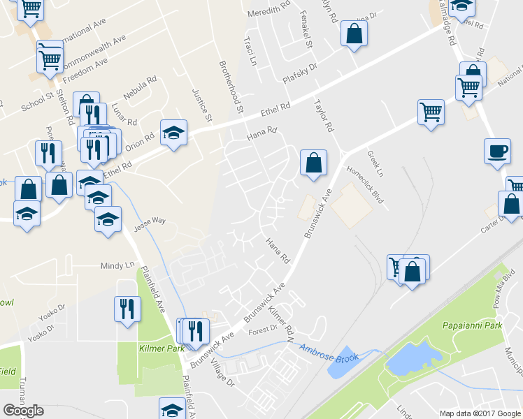 map of restaurants, bars, coffee shops, grocery stores, and more near 85 Hana Road in Edison
