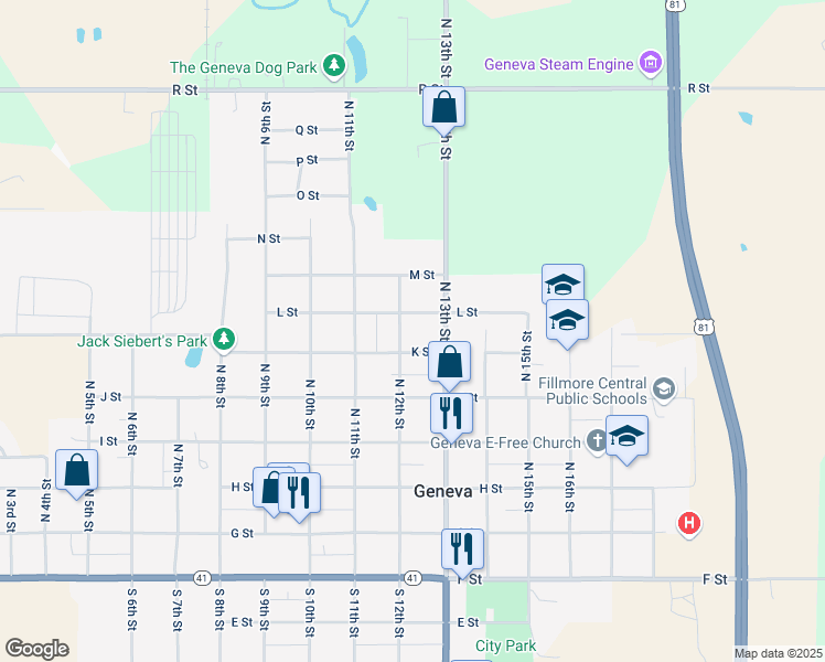 map of restaurants, bars, coffee shops, grocery stores, and more near 1212 K Street in Geneva
